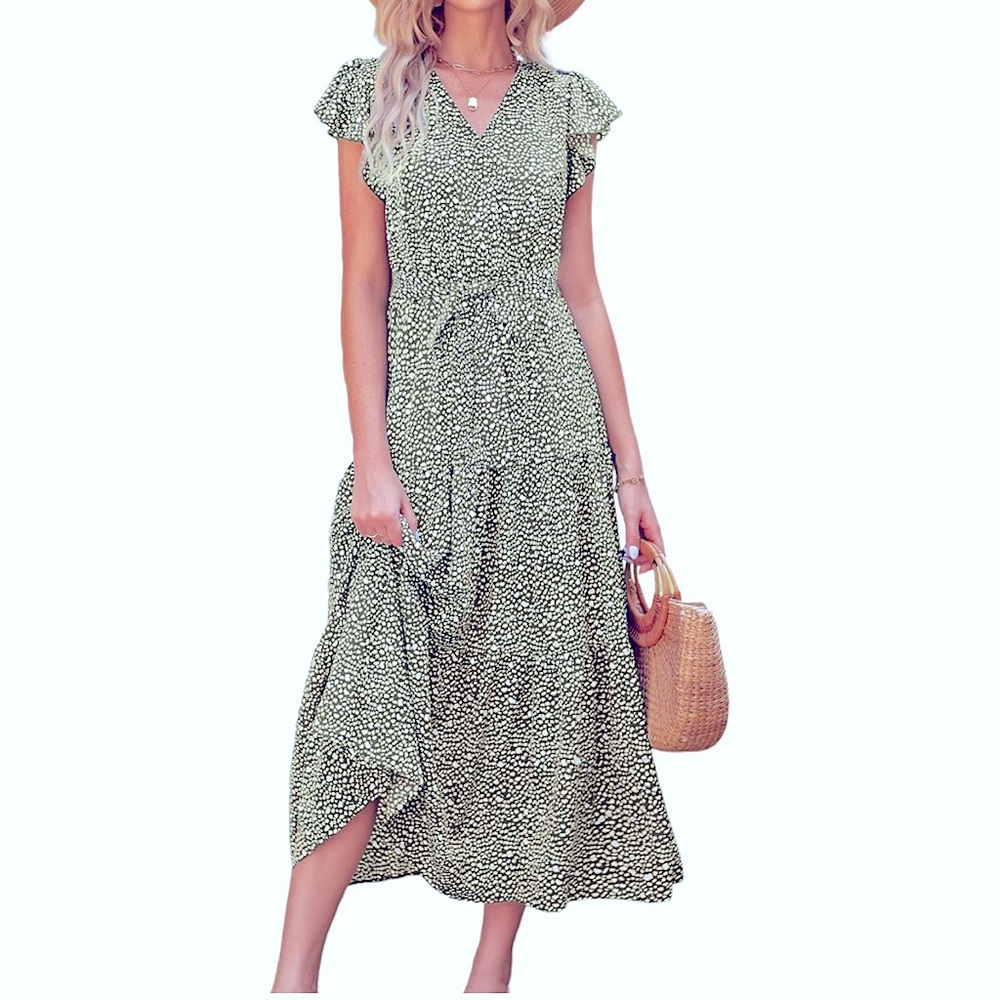 Sage Green Cheetah Flutter Sleeve Tiered Maxi Dress